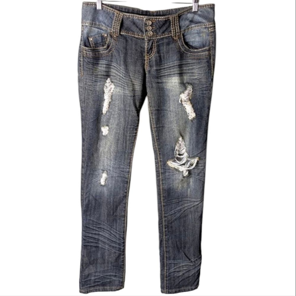 Vintage Almost Famous Distressed Skinny Low Rise Stretch Jeans Size 13 Long